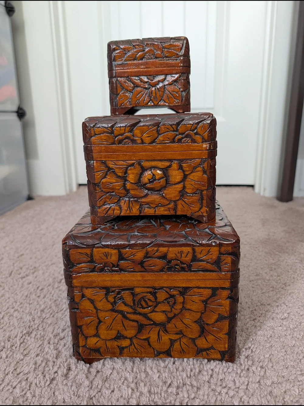 3 Vintage Hand Carved Brown Chinese Bird Camphor Wooden Floral Trinket Boxes